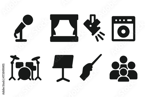 Music Performance Icons. Solid, filled icon set of music performance: microphone, stage, spotlight, guitar amplifier, drum set, music stand, conductor baton,
