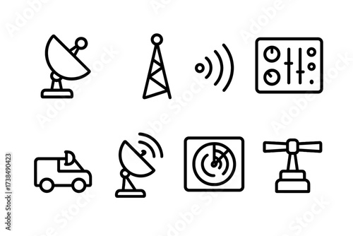 Mobile Radar Icon Set. Outline icon set of mobile radar: radar dish, antenna mast, signal waves, control panel, tracking screen, mobile vehicle, satellite