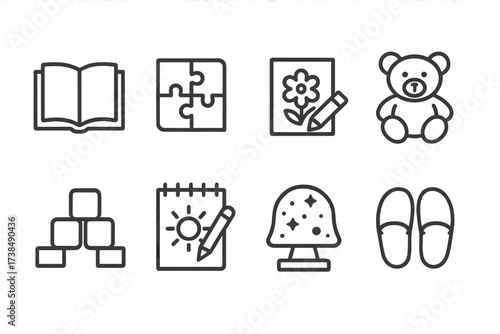 Quiet Playtime Icons. Outline icon set of quiet playtime: book, puzzle, coloring book, stuffed animal, blocks, drawing pad, night light, slippers. Line icons