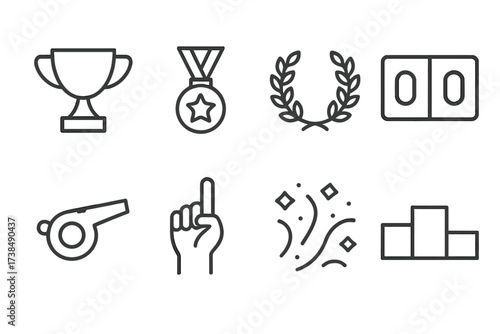 Sports Victory Icons. Outline icon set of sports win: trophy cup, medal, laurel wreath, scoreboard, referee whistle, winner hand, confetti, podium. Line icons