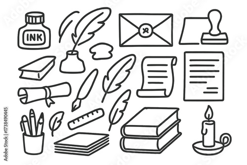 Desk Writing Tools. Hand-drawn doodle illustration Ink blotter quill, ink bottle, blotting paper, desk, envelope, wax seal, letter, stamp, scroll, ruler,