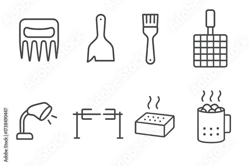 Grilling Tools Icons. Outline icon set of grilling tools: meat claws, grill scraper, basting brush, grill basket, grill light, rotisserie, smoker box, charcoal