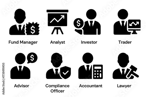 Hedge Fund Icons. Solid, filled icon set of hedge fund players: fund manager, analyst, investor, trader, advisor, compliance officer, accountant, lawyer.