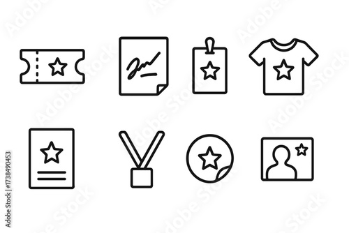 Music Memorabilia Icons. Outline icon set of album memorabilia: concert ticket, autograph, backstage pass, fan shirt, poster, lanyard, sticker, photo. Line
