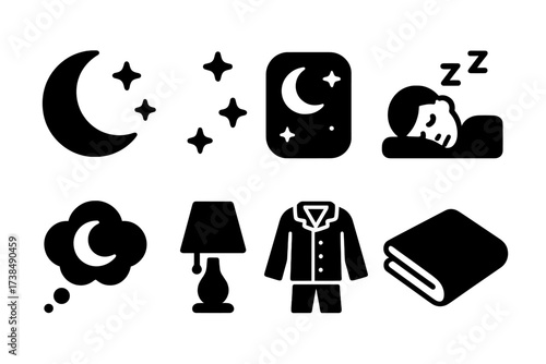Calm Night Icons. Solid, filled icon set of calm nighttime: crescent moon, stars, night sky, sleeping person, dream cloud, night lamp, pajamas, blanket. Line