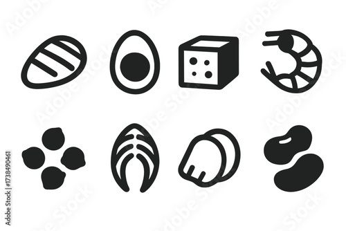 Salad Protein Icons. Solid, filled icon set of salad proteins: grilled chicken, boiled egg, tofu, shrimp, chickpeas, salmon, turkey slices, beans. Line icons