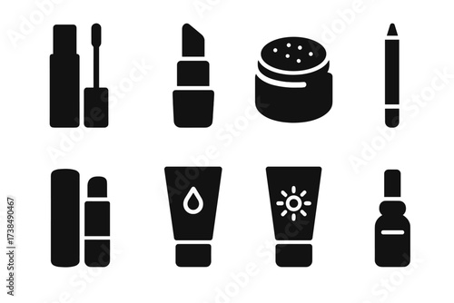 Lip Care Icon Set. Solid, filled icon set of lip balm related products: lip gloss, lipstick, lip scrub, lip liner, chapstick, facial moisturizer, sunscreen,