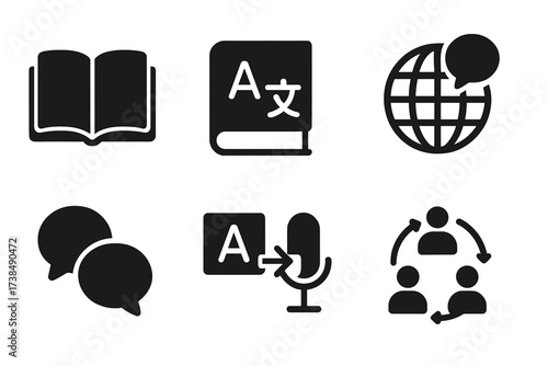 Language Icons Grid. Solid, filled icon set of language and communication: open book, dictionary, speech bubbles, language globe, translation icon, microphone,