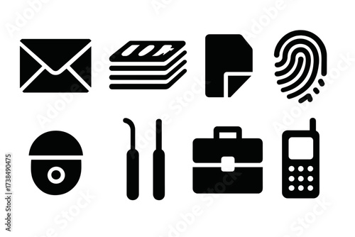 Bribery Tools Icons. Solid, filled icon set of bribery tools: envelope, cash stack, secret note, fingerprint, hidden camera, lockpick, briefcase, cellphone.