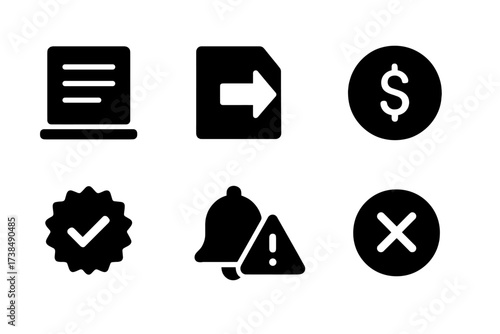 Black Transaction Icons Grid. Solid, filled icon set of transaction withdrawal: bank ledger, transaction icon, minus dollar, pending approval, transaction