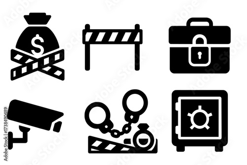 Seized Inventory Icons. Solid, filled icon set of seized inventory: confiscated money bag, police tape, locked briefcase, auction gavel, security camera,