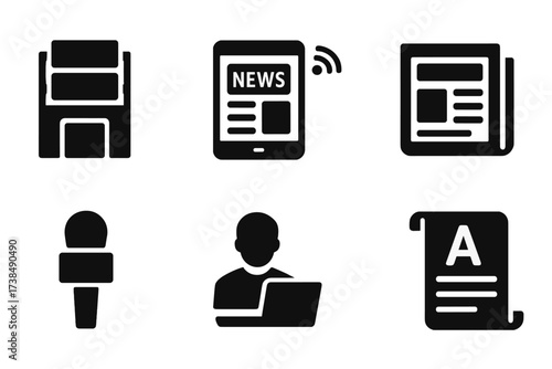 News Icon Set. Solid, filled icon set of news publishing: newspaper press, digital news, print edition, editor, reporter, newswire, headline font, news