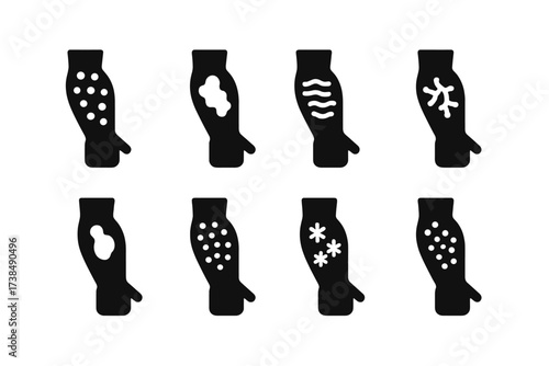 Rash Type Icons. Solid, filled icon set of rash types: hives, eczema, psoriasis, contact dermatitis, fungal rash, heat rash, drug rash, viral rash. Solid,