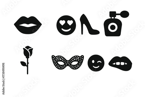 Seduction Icon Collection. Solid, filled icon set of seduction elements: red lips, heart eyes, high heels, perfume bottle, rose stem, lace mask, wink face,