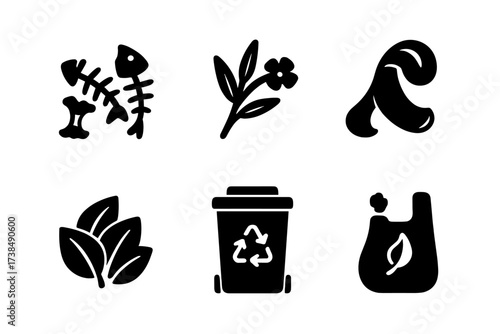 Organic Waste Icons. Solid, filled icon set of organic waste: food scraps, garden clippings, coffee grounds, fruit peel, leaves pile, compost bin, manure,