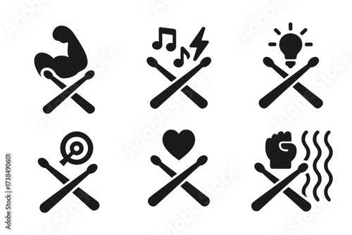 Black Drumstick Icons. Solid, filled icon set of drumsticks emotions and symbolism: strength, rhythm, energy, creativity, precision, passion, power, flow.