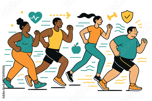 Dynamic Fitness Scene. Fitness and body shape. People exercising or running, glowing motion lines and abstract health icons floating around, diverse body types