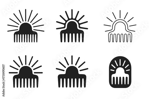 Hair Care Logo Variations. Hair Care Consultation Sheet. Set Logo of Hair Care Consultation: Hair comb forming a sunburst. harmonious logo variations of the