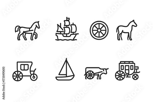 Old World Transport Icons. Outline icon set of old world transportation: horse carriage, sailing ship, wagon wheel, horse, coach, sailboat, ox cart,