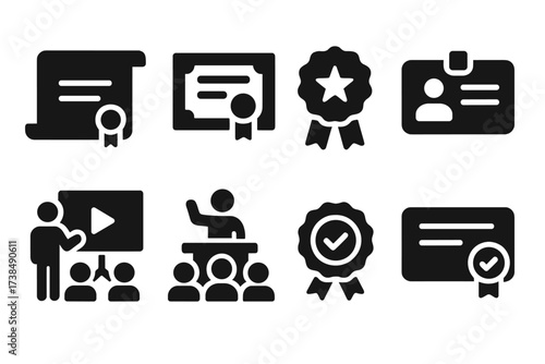 Advisor Qualification Icons. Solid, filled icon set of advisor qualifications: diploma, certificate, badge, ID card, training, workshop, accreditation,