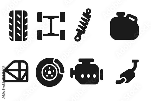 Vehicle Durability Icons. Solid, filled icon set of durability in vehicles: tire tread, reinforced chassis, shock absorber, fuel tank, safety cage, brake disc,