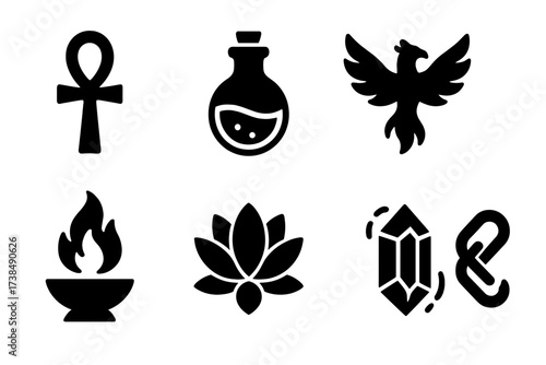 Immortality Icon Set. Solid, filled icon set of immortality: ankh, elixir bottle, reborn phoenix, soul crystal, eternal flame, lotus bloom, spirit orb,