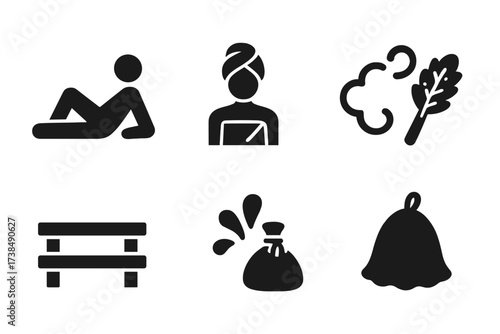 Bathhouse Relaxation Icons. Solid, filled icon set of bathhouse relaxation: person reclining, towel wrap, steam cloud, birch broom, wooden bench, water splash,