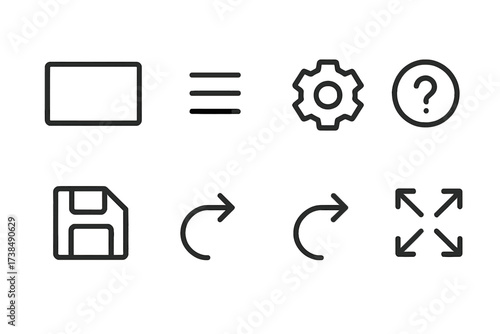 Sequencer UI Icon Set. Outline icon set of sequencer user interface: window resize, menu icon, settings gear, help question, save icon, undo arrow, redo arrow,