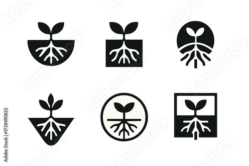 Abstract Roots Logo. Fertile soil. Set Logo of Roots: Roots. Stylized detail, Flat solid, Minimal outline, Abstract geometric, Symmetrical form, Negative