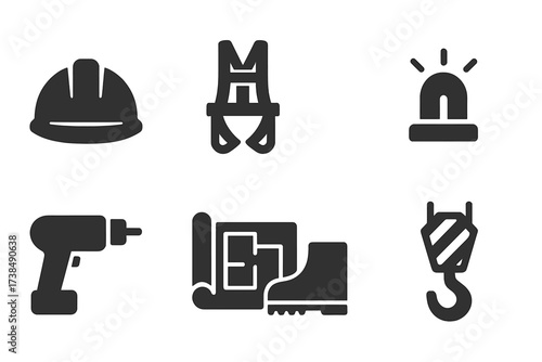Construction Safety Icons. Solid, filled icon set of construction safety: hard hat, safety harness, barricade, warning light, power tools, blueprint, safety