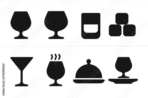 Brandy Glass Icon Set. Solid, filled icon set of brandy glasses and servings: snifter glass, brandy balloon, rocks glass, neat pour, ice cubes, cocktail glass,