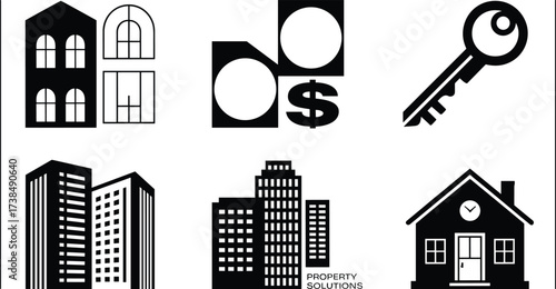 Minimalist real estate icons set, black and white building, house, apartment, key, property, finance, vector elements for branding