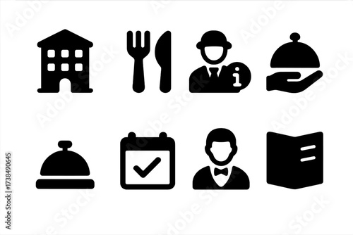 Hospitality Icon Grid. Solid, filled icon set of hospitality services: hotel, restaurant, concierge, room service, bell, reservation, waiter, menu. [Line icons