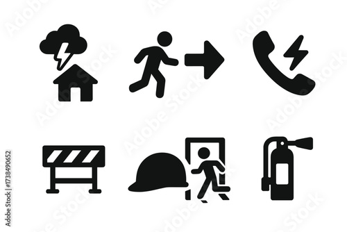 Storm Safety Icon Set. Solid, filled icon set of storm safety actions: shelter, evacuation, warning signal, emergency call, barricade, safety helmet, emergency