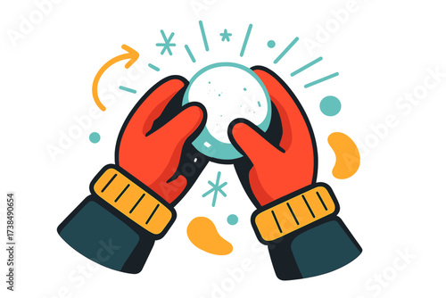 Winter Playful Mittens. Frozen Hands. Bright red mittens clutching a snowball, tiny ice sparkles radiating outward. A playful feeling of winter cold mixed with