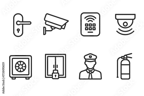 Home Security Icons. Outline icon set of home security: door lock, security camera, alarm system, motion sensor, safe, window lock, security guard, fire
