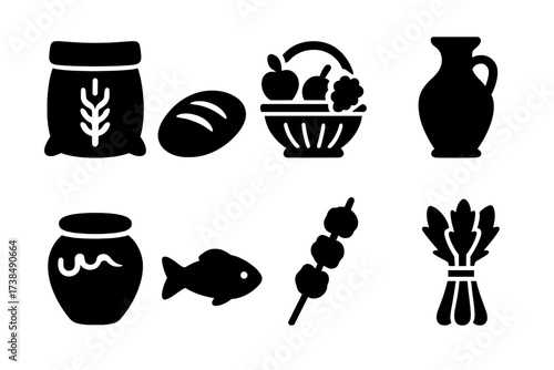 Ancient Food Icons. Solid, filled icon set of ancient food and offerings: grain sack, bread loaf, fruit basket, wine jar, honey pot, fish, meat skewer,