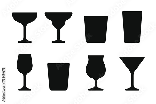 Black Cocktail Glass Icons. Solid, filled icon set of margarita glass types: coupe glass, margarita glass, rocks glass, highball glass, stemmed glass, tumbler,