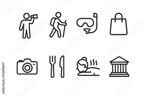 Travel Activity Icons. Outline icon set of travel activities: sightseeing, hiking, snorkeling, shopping bag, camera, dining, spa, museum. Line icons in only