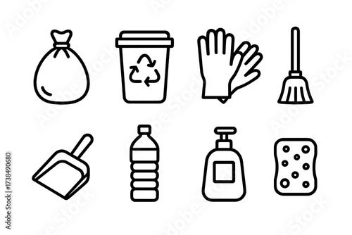 Picnic Cleanup Icons. Outline icon set of picnic cleanup: trash bag, recycling bin, gloves, broom, dustpan, water bottle, soap, sponge. Line icons in only