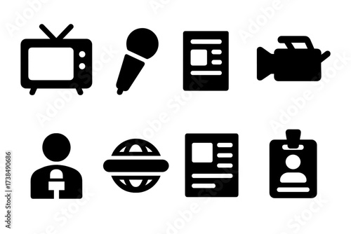 News Media Icons. Solid, filled icon set of news media: TV screen, microphone, news report, video camera, reporter, news ticker, news article, press badge.