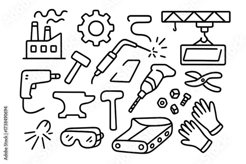 Factory Tools Doodle. Hand-drawn doodle illustration industrial metal factory, gear, welding torch, anvil, hammer, metal sheet, drill, pliers, bolts, nuts,