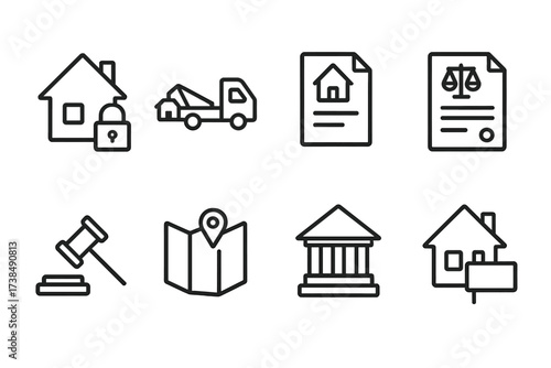 Foreclosure Icon Set. Outline icon set of foreclosure and repossession: locked house, repo truck, eviction notice, legal papers, auction hammer, lost property,