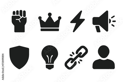 Empowerment Icon Set. Solid, filled icon set of empowerment: raised fist, crown, lightning bolt, megaphone, strong shield, light bulb, chain breaker, leader