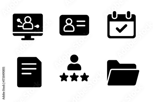 Client Management Icons. Solid, filled icon set of client management: CRM software, client profile, calendar appointment, task list, notes, client rating, file