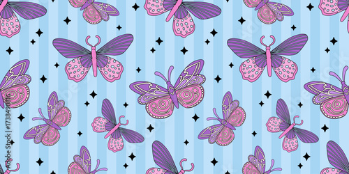 Seamless mystic pattern with purple and pink butterflies on a blue background with sparkles. Decorative insects with detailed wings. Magic halloween background with moths. Galaxy space elements. 