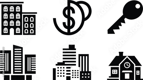 Minimalist real estate icons set, black and white building, house, apartment, key, property, finance, vector elements for branding