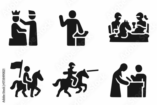 Lords' Ceremonial Icons. Solid, filled icon set of lord?s ceremonies: coronation, oath taking, feast, tournament, procession, jousting, knighting, speech.