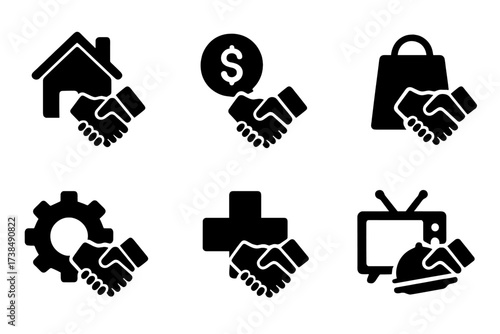 Industry Icons Grid. Solid, filled icon set of deal types by industry: real estate, finance, retail, technology, manufacturing, healthcare, media, hospitality.