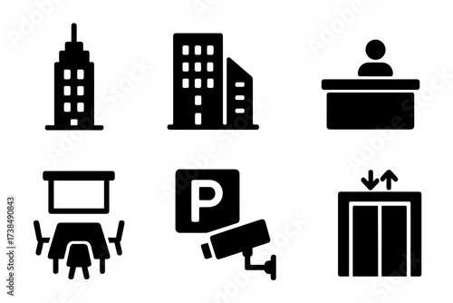 Headquarters Icon Set. Solid, filled icon set of headquarters building: skyscraper, office tower, corporate logo, reception desk, conference room, parking lot,